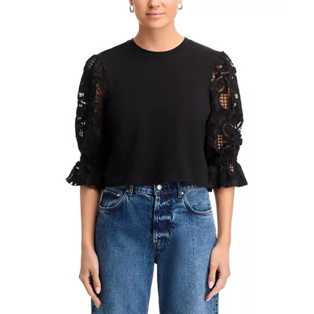 Cinq à Sept Carmine Embroidered Eyelet Top Black Small Feminine Romantic - Picture 2 of 8